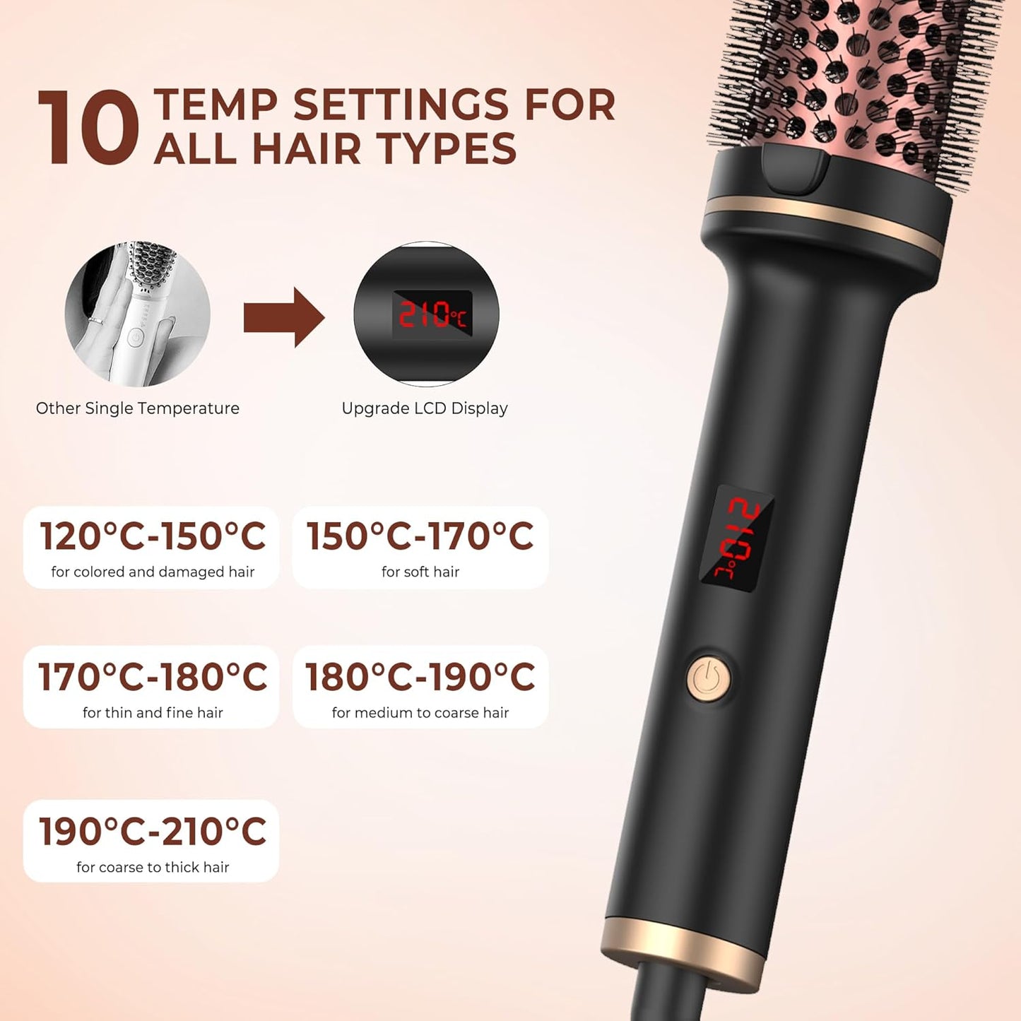 Thermal Brush 1.5 Inch Curling Iron Volumizing Brush Heated round Brush Ceramic Tourmaline Ionic Curling Comb Dual Voltage Travel Curling Iron With, LCD Display, 10 Temperature Settings