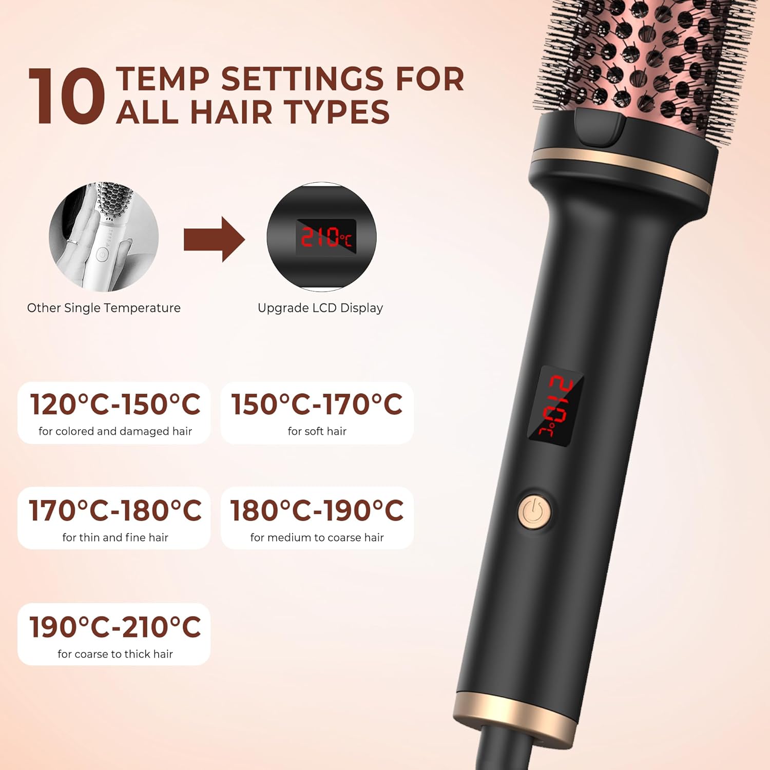 Thermal Brush 1.5 Inch Curling Iron Volumizing Brush Heated round Brush Ceramic Tourmaline Ionic Curling Comb Dual Voltage Travel Curling Iron With, LCD Display, 10 Temperature Settings