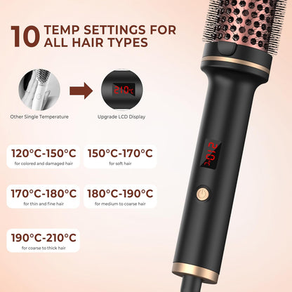 Thermal Brush 1.5 Inch Curling Iron Volumizing Brush Heated round Brush Ceramic Tourmaline Ionic Curling Comb Dual Voltage Travel Curling Iron With, LCD Display, 10 Temperature Settings