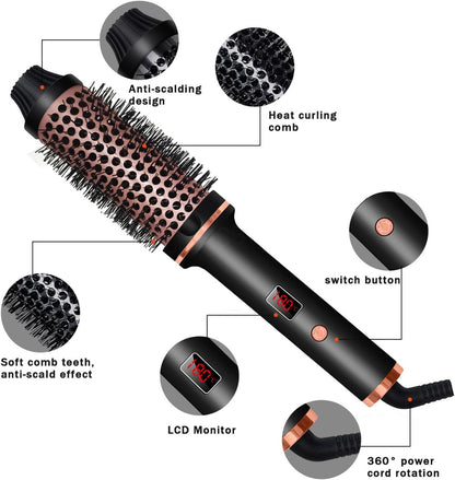 Thermal Brush 1.5 Inch Curling Iron Volumizing Brush Heated round Brush Ceramic Tourmaline Ionic Curling Comb Dual Voltage Travel Curling Iron With, LCD Display, 10 Temperature Settings