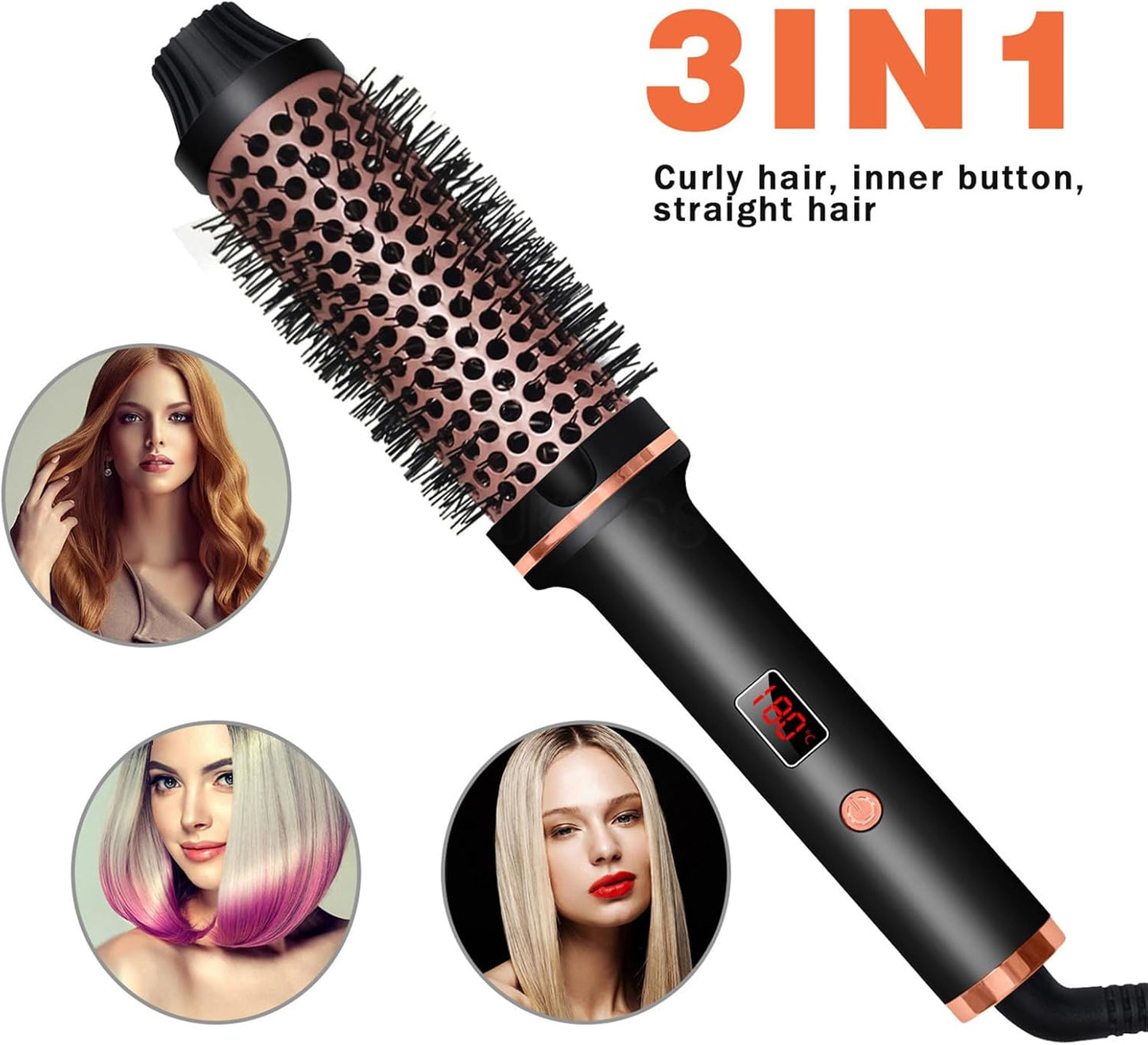 Thermal Brush 1.5 Inch Curling Iron Volumizing Brush Heated round Brush Ceramic Tourmaline Ionic Curling Comb Dual Voltage Travel Curling Iron With, LCD Display, 10 Temperature Settings